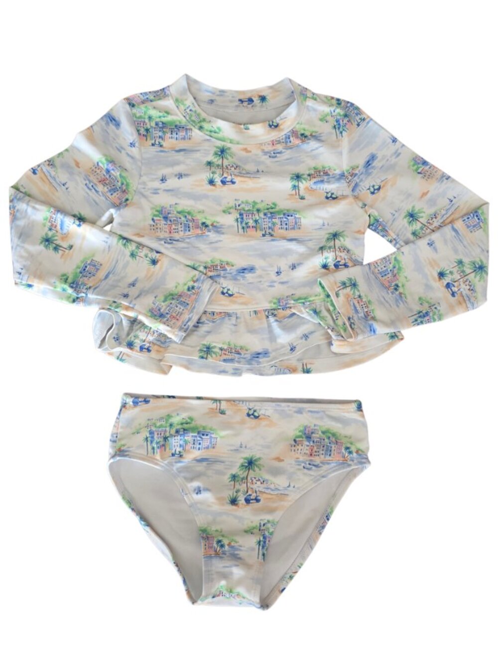 Janie and Jack Pastel Beach-Print Long-Sleeve Rashguard Set — Blue, Green, Cream